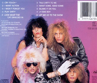 The back cover to Poison's debut album: Look What The Cat Dragged In
